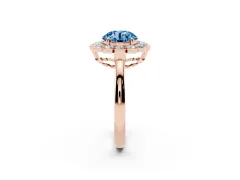 Fancy Blue Round Cut Diamond Halo Cluster Engagement Ring Set in Rose gold with Solitaire Band and Prong Setting
