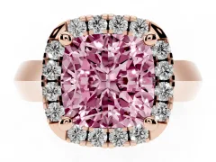 Fancy Pink Cushion Cut Diamond Halo Solitaire Engagement Ring Set in Rose gold with Square Band and Prong Setting