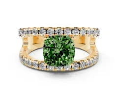 Fancy Green Cushion Cut Diamond Split Shank Pavé Solitaire Ring Set in Yellow gold with Open Shank Design
