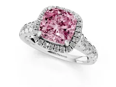 Fancy Pink Cushion Cut Diamond Halo Engagement Ring Set in Platinum with Pavé Band and Prong-Set Center