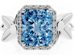 Fancy Blue Radiant Cut Diamond Halo Floral Band Ring Set in Silver with Prong Setting