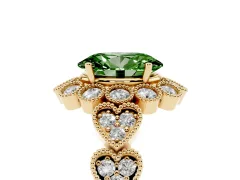 Fancy Green Oval Cut Diamond Solitaire Ring Set in Yellow gold with Milgrain Pavé Heart Band