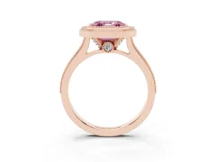 Fancy Pink Asscher Cut Diamond Halo Milgrain Pavé Band Ring Set in Rose gold with Prong Setting