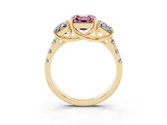 Fancy Pink Asscher Cut Diamond Three-Stone Ring Set in Yellow gold with Pavé Band