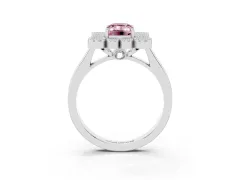 Fancy Pink Emerald Cut Diamond Cluster Halo Ring Set in Silver with Milgrain Bezel Accents and Plain Band