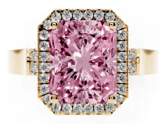 Fancy Pink Radiant Cut Diamond Halo Ring Set in Yellow gold with Pavé-Lined Split Shank Band