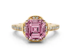 Fancy Pink Asscher Cut Diamond Halo Ring Set in Yellow gold with Channel Set Band and Prong Setting