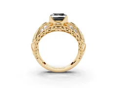 Fancy Black Asscher Cut Diamond Art Deco Ring Set in Yellow gold with Pavé Split Shank
