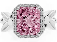 Fancy Pink Radiant Cut Diamond Halo Floral Band Ring Set in White gold with Prong Setting