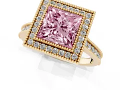 Fancy Pink Princess Cut Diamond Halo Milgrain Pavé Band Ring Set in Yellow gold with Prong Setting