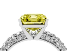 Fancy Yellow Asscher Cut Diamond Pavé Band Solitaire Ring Set in Platinum with Close-Set Accent Stones and Prong Setting