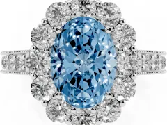 Fancy Blue Oval Cut Diamond Halo Pavé Engagement Ring Set in Platinum with Milgrain Detailing