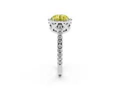 Fancy Yellow Round Cut Diamond Halo Ring Set in White gold with Pavé Shoulders and Halo-Framed Center