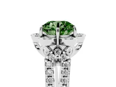 Fancy Green Round Cut Diamond Floral Halo Split Shank Engagement Ring Set in White gold with Pavé Shank