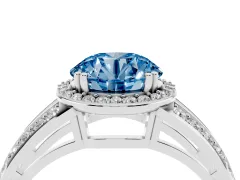 Fancy Blue Round Cut Diamond Halo Ring Set in Silver with Double Pavé Split Shank