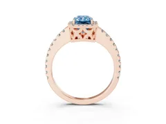Fancy Blue Radiant Cut Diamond Halo Ring Set in Rose gold with Pavé Shoulders and Halo-Framed Center