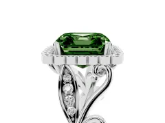 Fancy Green Asscher Cut Diamond Halo Ring Set in White gold with Leaf Motif Split Shank and Prong Setting
