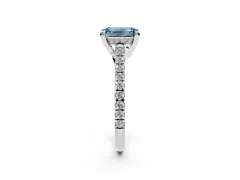 Fancy Blue Emerald Cut Diamond Solitaire Ring Set in Platinum with Brilliant Pavé Band and Prong Setting