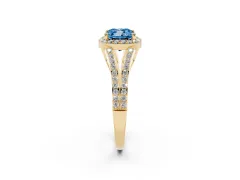 Fancy Blue Cushion Cut Diamond Halo Split Shank Pavé Ring Set in Yellow gold with Prong Setting
