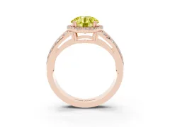 Fancy Yellow Round Cut Diamond Halo Ring Set in Rose gold with Double Pavé Split Shank