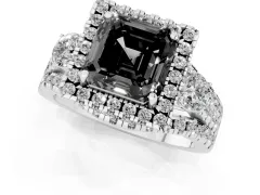 Fancy Black Asscher Cut Diamond Halo Split Shank Ring Set in White gold with Round Accent Stones and Prong Setting