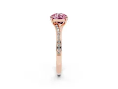 Fancy Pink Round Cut Diamond Solitaire Ring Set in Rose gold with Pavé Accent Band and Classic Prong Setting