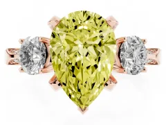 Fancy Yellow Pear Cut Diamond Three-Stone Ring Set in Rose gold with Pavé Band and Smaller Side Stones
