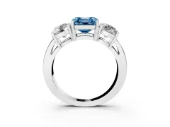 Fancy Blue Asscher Cut Diamond Three-Stone Ring Set in Platinum with Round Side Stones and Classic Band