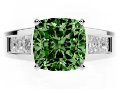 Fancy Green Cushion Cut Diamond Solitaire Ring Set in Silver with Channel-Set Accent Stones and Prong Setting