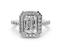 Emerald Cut Diamond Halo Ring Set in White gold with Pavé Shank and Prong Setting
