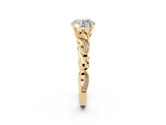 Round Cut Diamond Vine Band Solitaire Ring Set in Yellow gold with Milgrain Prong Setting