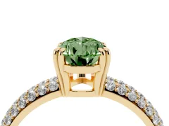 Fancy Green Pear Cut Diamond Solitaire Ring Set in Yellow gold with Multi-Row Round Pavé Band and Prong Setting