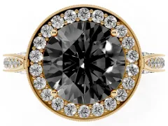 Fancy Black Round Cut Diamond Halo Engagement Ring Set in Yellow gold with Accent Split Shank Band