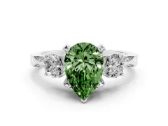 Fancy Green Pear Cut Diamond Three-Stone Ring Set in Platinum with Pavé Band and Smaller Side Stones
