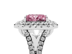 Fancy Pink Radiant Cut Diamond Double Halo Ring Set in Silver with Pavé Split Shank and Prong Setting