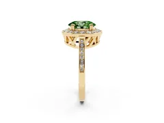 Fancy Green Oval Cut Diamond Halo Ring Set in Yellow gold with Accent-Lined Split Shank and Prong Setting