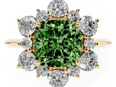 Fancy Green Cushion Cut Diamond Cluster Halo Ring Set in Yellow gold with Solitaire Band and Prong Setting