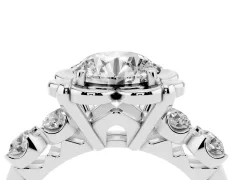 Round Cut Diamond Floral Halo Ring Set in Silver with Shared Prong Band