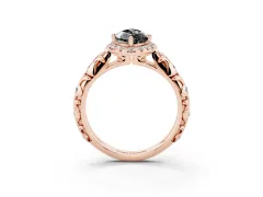 Fancy Black Marquise Cut Diamond Halo Ring Set in Rose gold with Filigree Leaf Band and Prong Setting