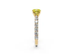 Fancy Yellow Cushion Cut Diamond Solitaire Ring Set in Yellow gold with Shared Prong Pavé Band