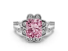 Fancy Pink Radiant Cut Diamond Floral Halo Split Shank Engagement Ring Set in White gold with Pavé Shank