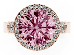 Fancy Pink Round Cut Diamond Halo Ring Set in Rose gold with Pavé-Lined Split Shank Band