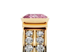 Fancy Pink Radiant Cut Diamond Wide Channel Set Band Ring Set in Yellow gold with Bezel Setting