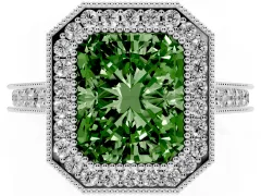 Fancy Green Radiant Cut Diamond Halo Milgrain Pavé Band Ring Set in Platinum with Prong Setting