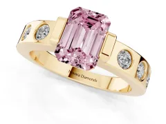 Fancy Pink Emerald Cut Diamond Channel-Set Band Ring Set in Yellow gold with Bezel Prong Setting