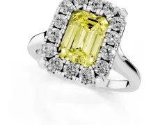 Fancy Yellow Emerald Cut Diamond Cluster Halo Solitaire Ring Set in White gold with Prong Setting