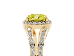 Fancy Yellow Cushion Cut Diamond Halo Split Shank Pavé Ring Set in Yellow gold with Prong Setting