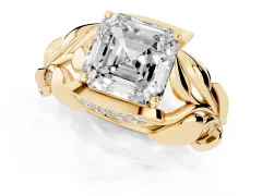 Asscher Cut Diamond Leaf-Inspired Engagement Ring Set in Yellow gold with Round Accents