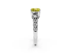Fancy Yellow Asscher Cut Diamond Three-Stone Ring Set in Platinum with Pavé Band