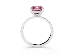Fancy Pink Asscher Cut Diamond Solitaire Engagement Ring Set in White gold with Round Pavé Band and Prong Setting